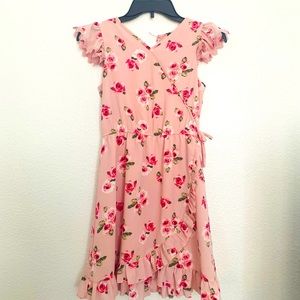 Zunie Girls' Floral Print Ruffle Sleeves Faux Wrap Dress